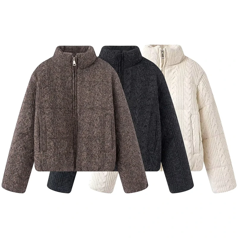 Women's Knitted Texture Stand Collar Zip Cropped Jacket Winter Warm Loose Casual Coat (Brown/Black/White)