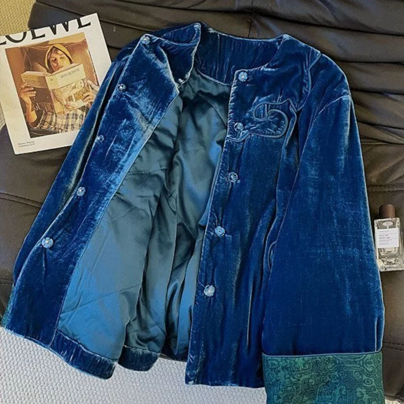 Winter New Velvet Cotton Coat Women Chinese Style Loose Warmful Womens Blue Jacket Fashion High End O-neck Female Clothes