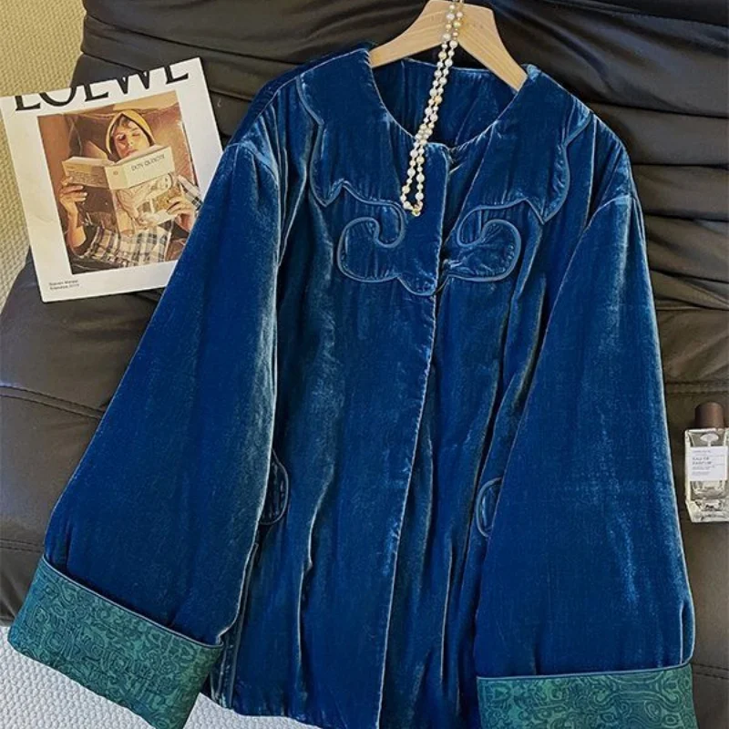 Winter New Velvet Cotton Coat Women Chinese Style Loose Warmful Womens Blue Jacket Fashion High End O-neck Female Clothes