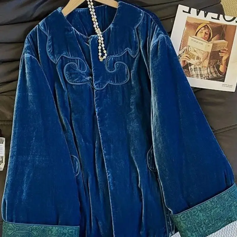 Winter New Velvet Cotton Coat Women Chinese Style Loose Warmful Womens Blue Jacket Fashion High End O-neck Female Clothes