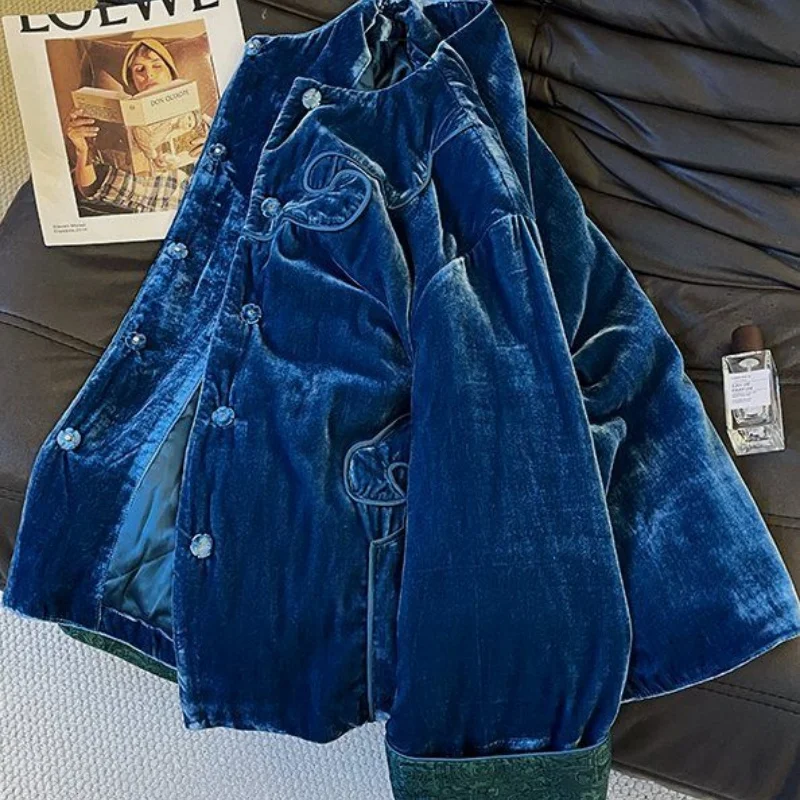 Winter New Velvet Cotton Coat Women Chinese Style Loose Warmful Womens Blue Jacket Fashion High End O-neck Female Clothes