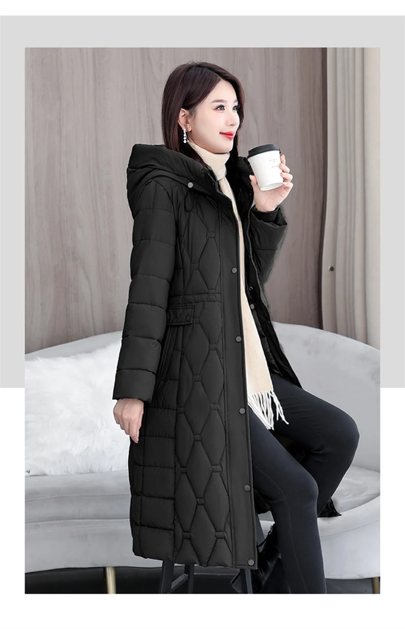 2025 Fashion Winter Coats Long Parkas Women's Down Cotton-padded Jacket Thicken Warm Overcoat Diamond Texture Hooded Outerwear