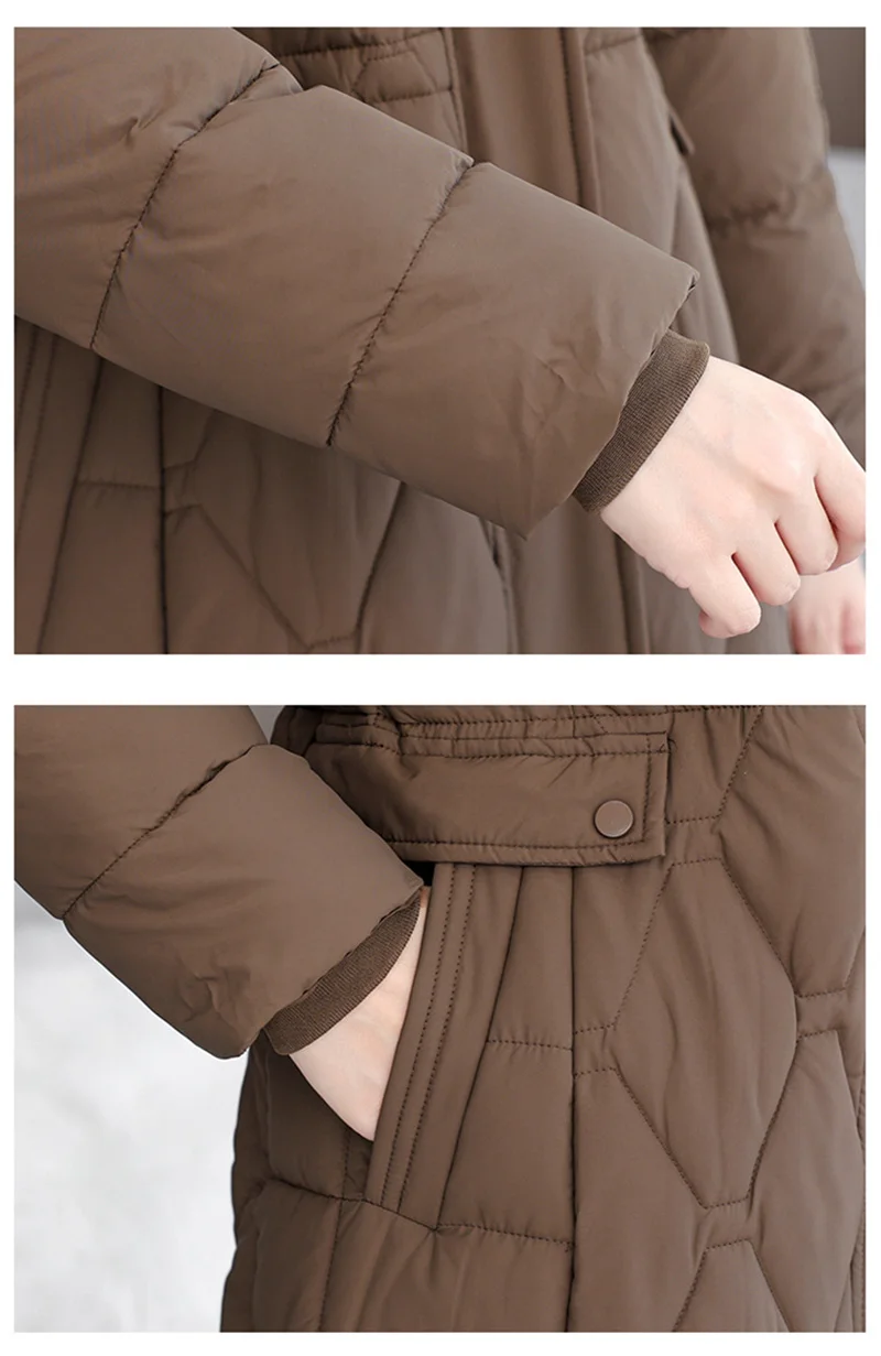 2025 Fashion Winter Coats Long Parkas Women's Down Cotton-padded Jacket Thicken Warm Overcoat Diamond Texture Hooded Outerwear