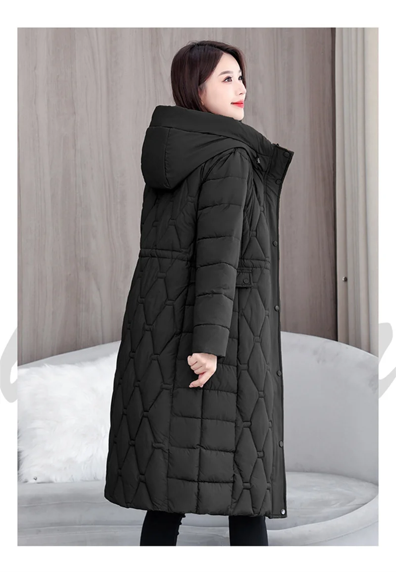 2025 Fashion Winter Coats Long Parkas Women's Down Cotton-padded Jacket Thicken Warm Overcoat Diamond Texture Hooded Outerwear