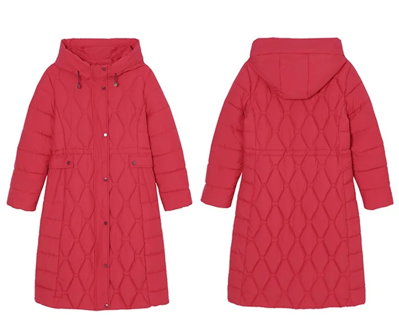 2025 Fashion Winter Coats Long Parkas Women's Down Cotton-padded Jacket Thicken Warm Overcoat Diamond Texture Hooded Outerwear