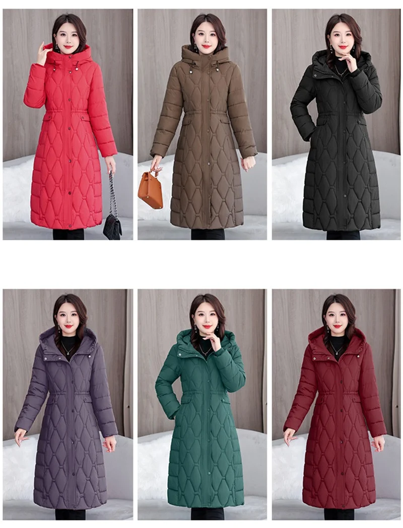2025 Fashion Winter Coats Long Parkas Women's Down Cotton-padded Jacket Thicken Warm Overcoat Diamond Texture Hooded Outerwear