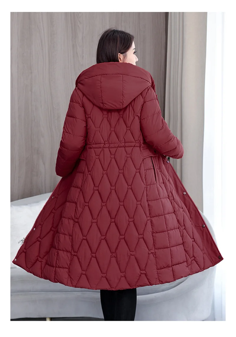 2025 Fashion Winter Coats Long Parkas Women's Down Cotton-padded Jacket Thicken Warm Overcoat Diamond Texture Hooded Outerwear
