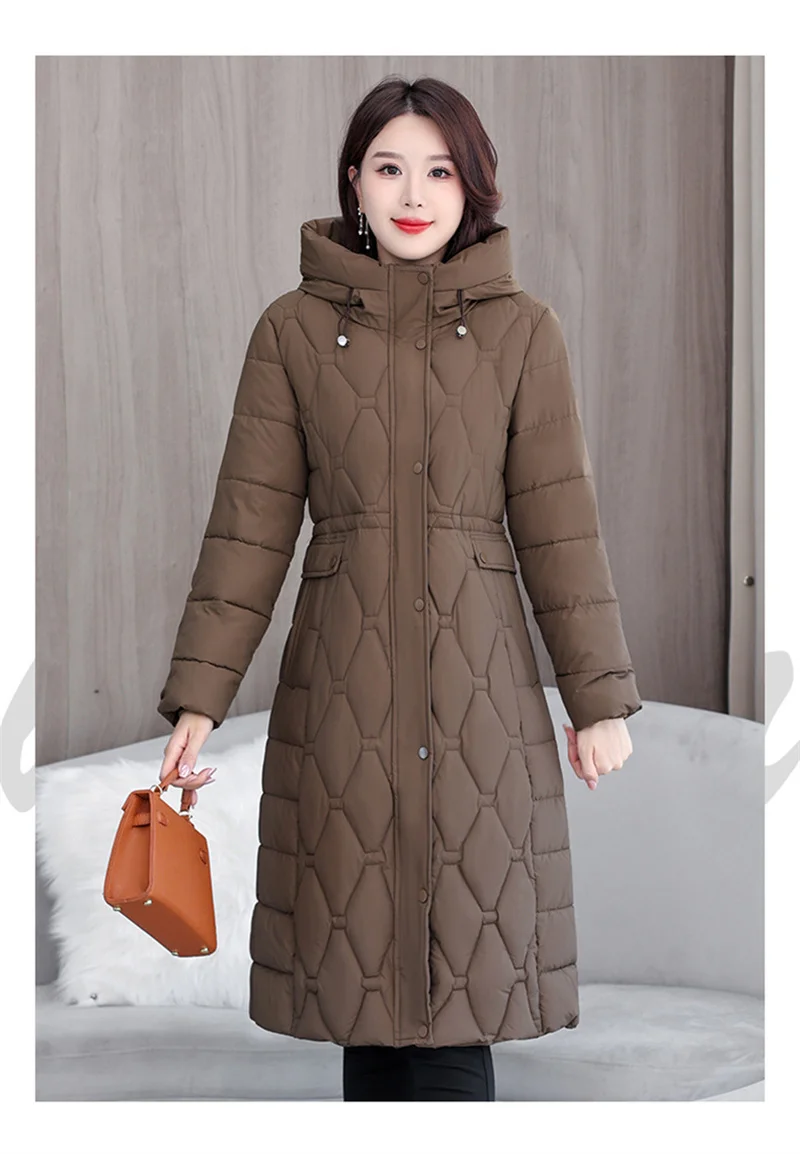 2025 Fashion Winter Coats Long Parkas Women's Down Cotton-padded Jacket Thicken Warm Overcoat Diamond Texture Hooded Outerwear