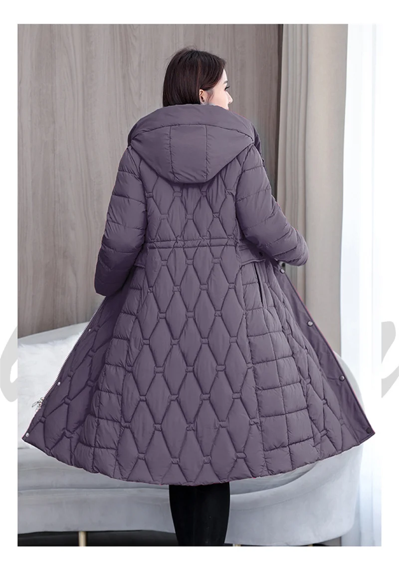 2025 Fashion Winter Coats Long Parkas Women's Down Cotton-padded Jacket Thicken Warm Overcoat Diamond Texture Hooded Outerwear