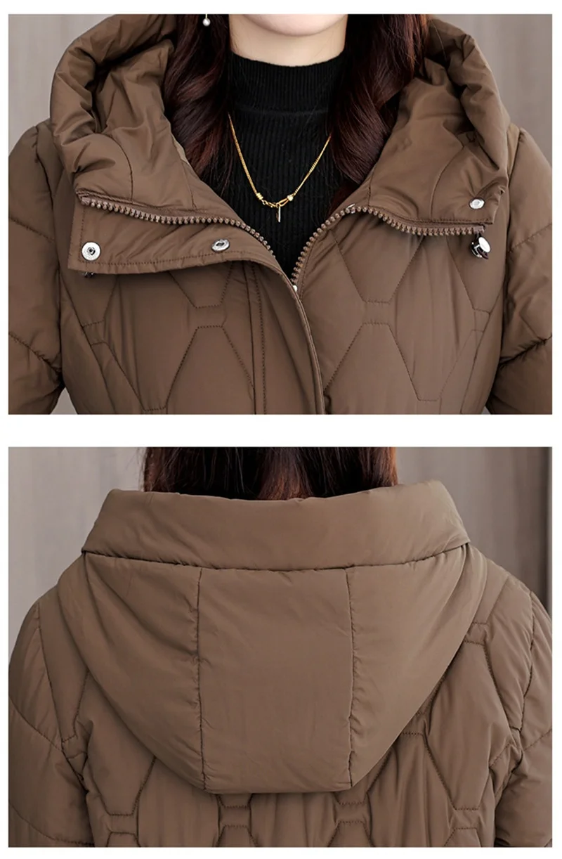 2025 Fashion Winter Coats Long Parkas Women's Down Cotton-padded Jacket Thicken Warm Overcoat Diamond Texture Hooded Outerwear