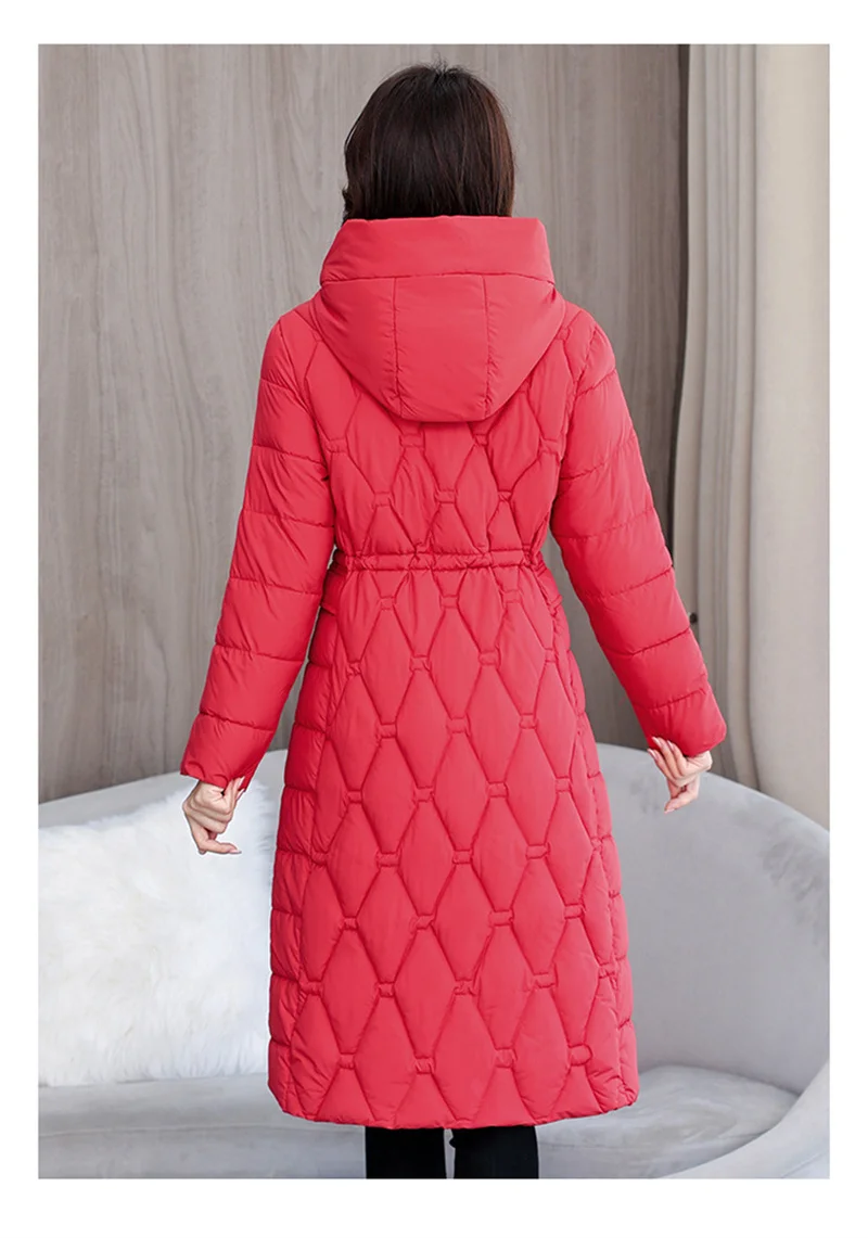 2025 Fashion Winter Coats Long Parkas Women's Down Cotton-padded Jacket Thicken Warm Overcoat Diamond Texture Hooded Outerwear
