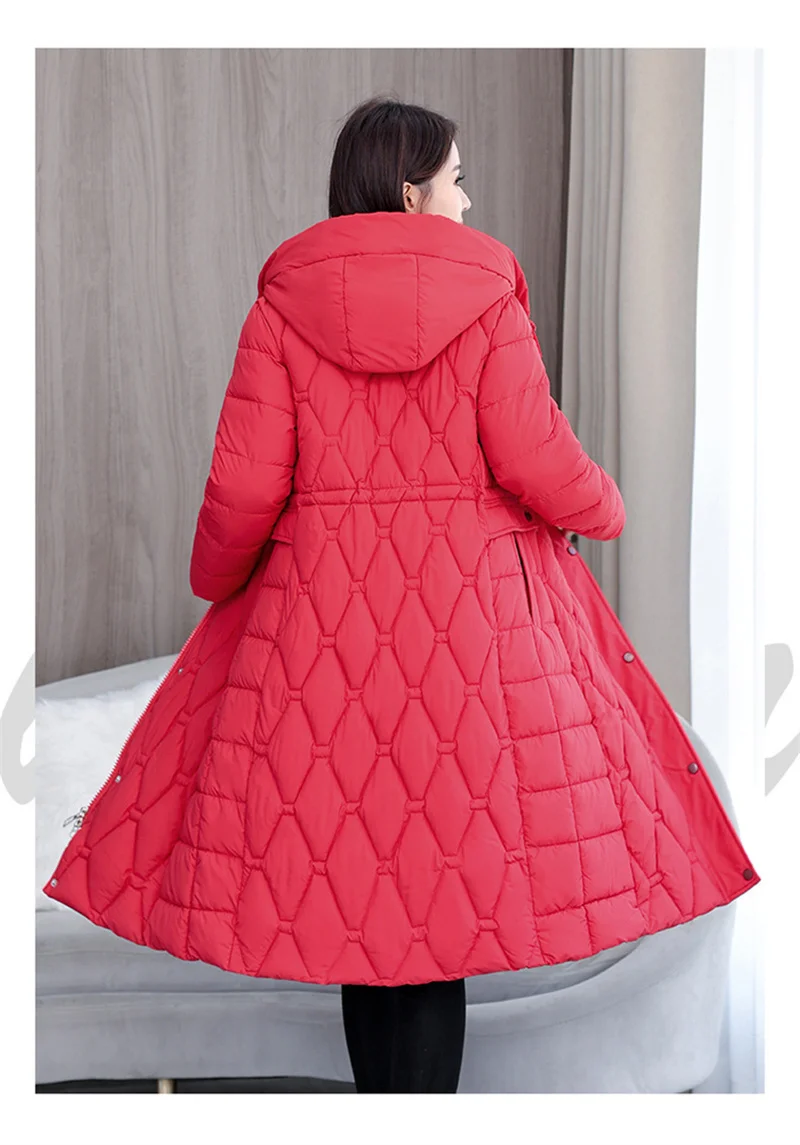 2025 Fashion Winter Coats Long Parkas Women's Down Cotton-padded Jacket Thicken Warm Overcoat Diamond Texture Hooded Outerwear