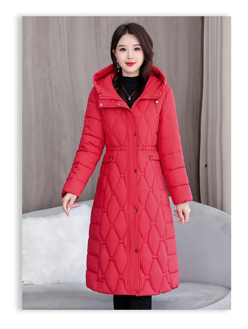2025 Fashion Winter Coats Long Parkas Women's Down Cotton-padded Jacket Thicken Warm Overcoat Diamond Texture Hooded Outerwear