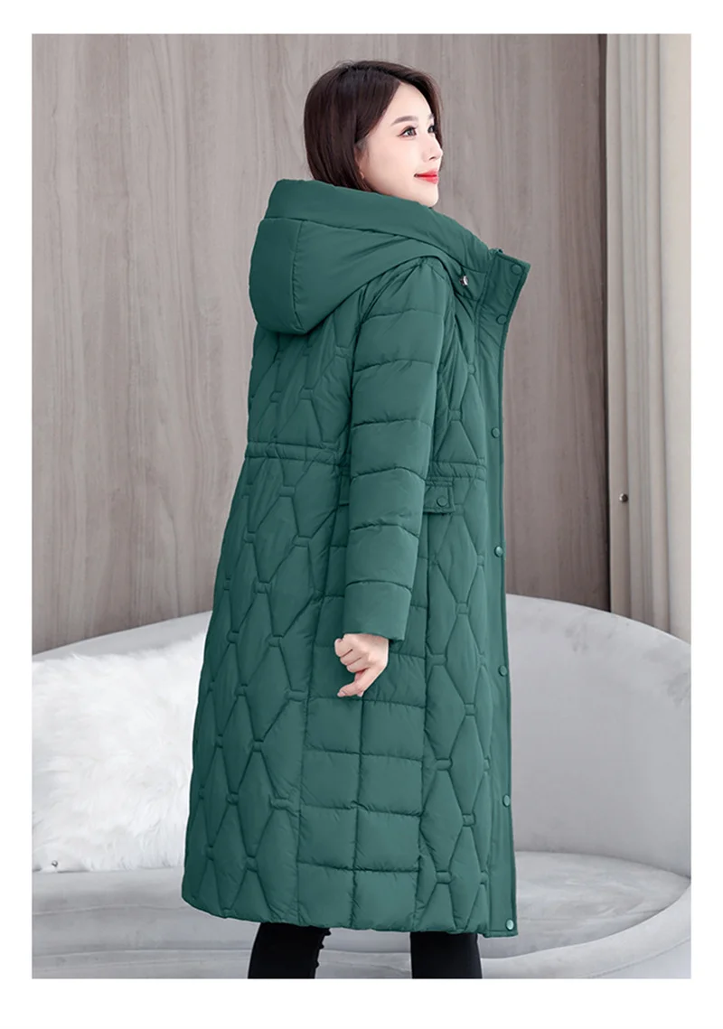 2025 Fashion Winter Coats Long Parkas Women's Down Cotton-padded Jacket Thicken Warm Overcoat Diamond Texture Hooded Outerwear