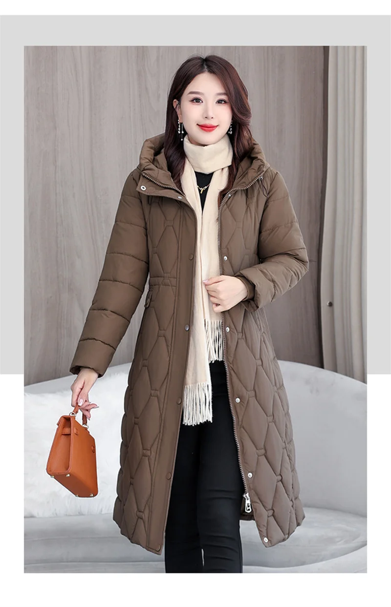 2025 Fashion Winter Coats Long Parkas Women's Down Cotton-padded Jacket Thicken Warm Overcoat Diamond Texture Hooded Outerwear