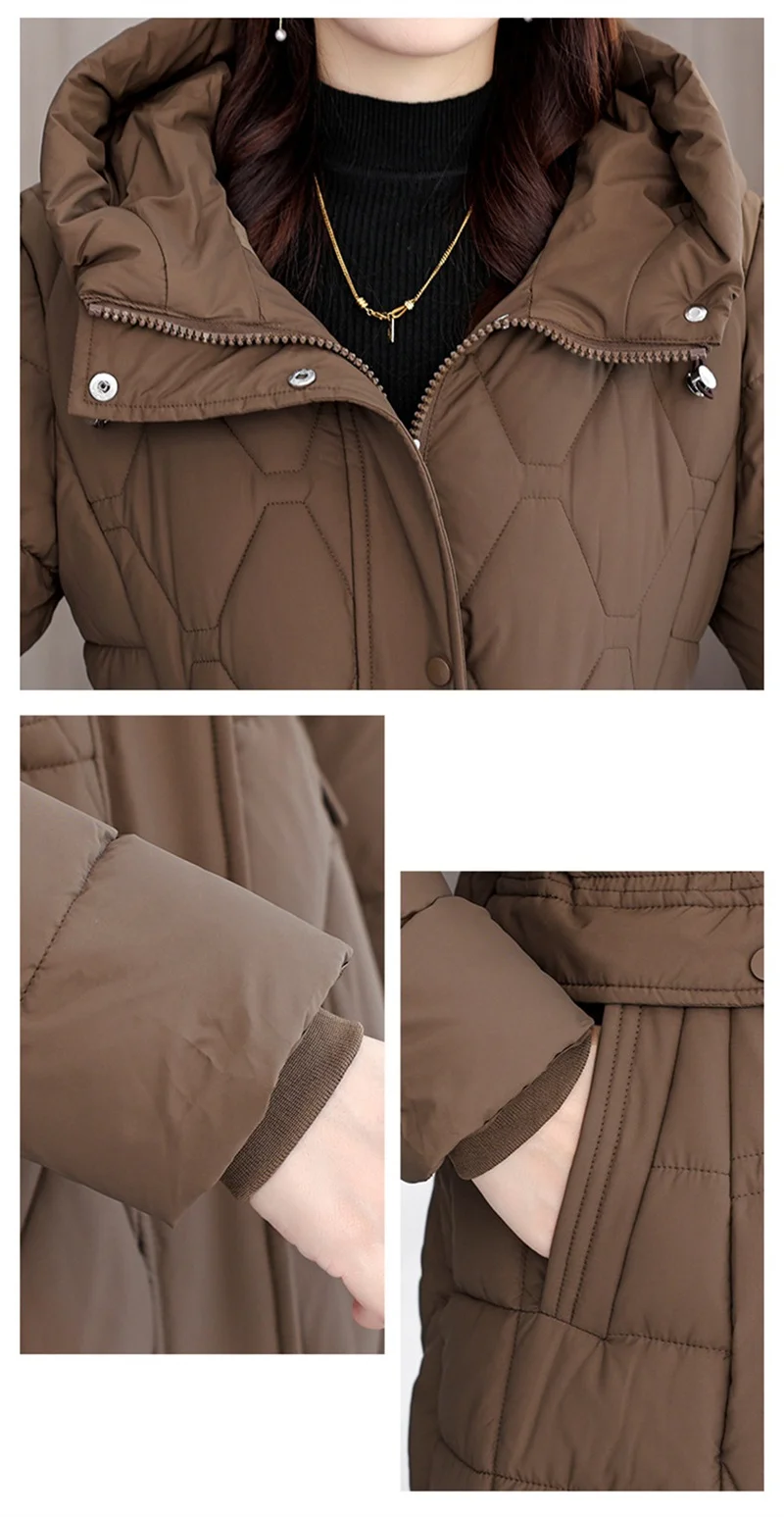 2025 Fashion Winter Coats Long Parkas Women's Down Cotton-padded Jacket Thicken Warm Overcoat Diamond Texture Hooded Outerwear