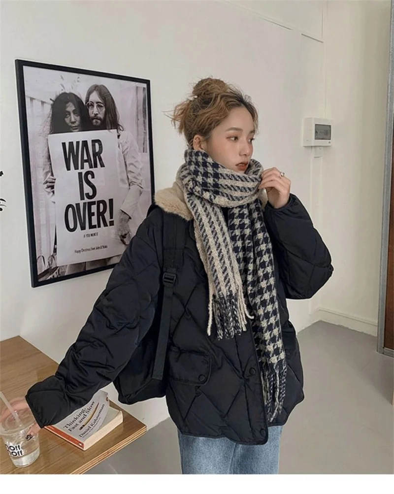 Women 2025 Autumn Winter Spliced Fur Collar Warm Padded Cotton Jacket Coat Female Mid-Length Coat Loose Rhombus Bread Clothes