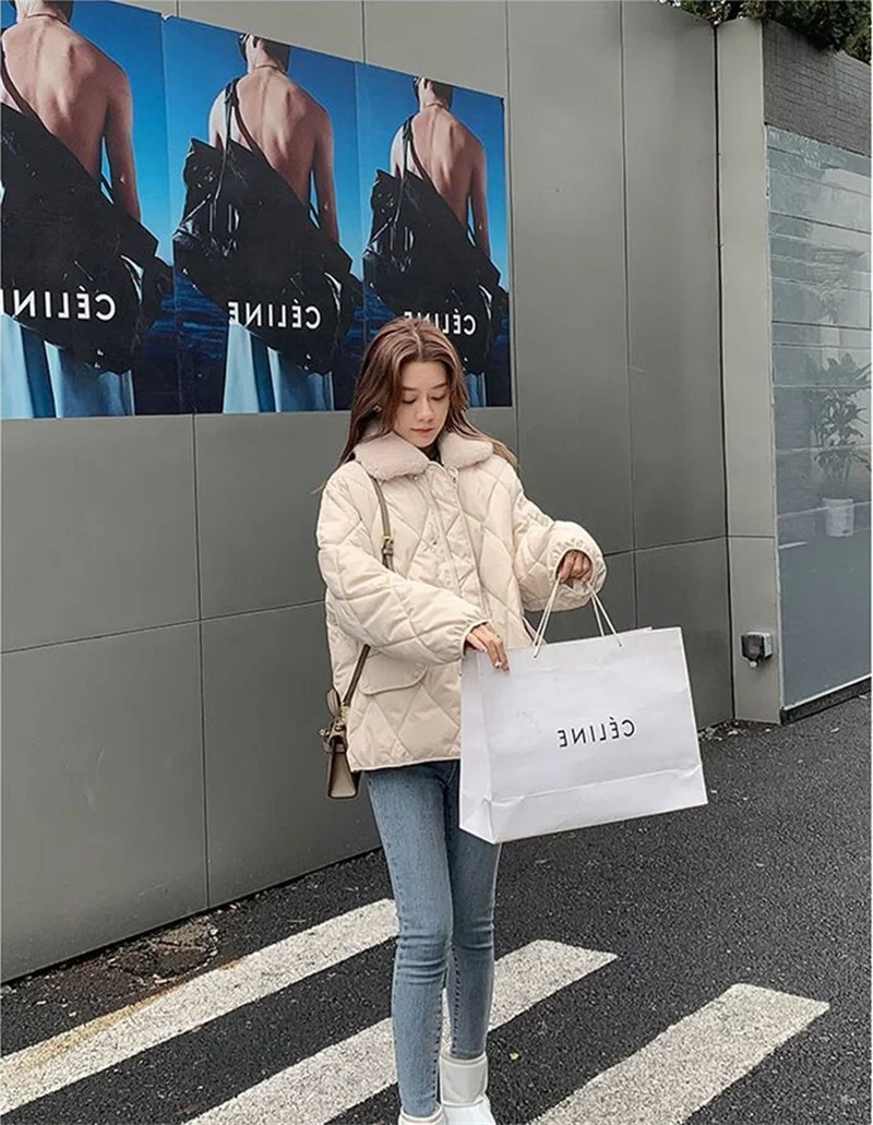 Women 2025 Autumn Winter Spliced Fur Collar Warm Padded Cotton Jacket Coat Female Mid-Length Coat Loose Rhombus Bread Clothes