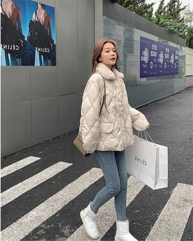 Women 2025 Autumn Winter Spliced Fur Collar Warm Padded Cotton Jacket Coat Female Mid-Length Coat Loose Rhombus Bread Clothes