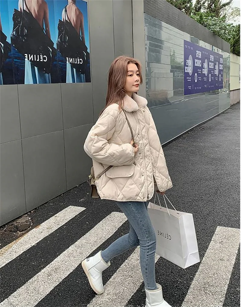 Women 2025 Autumn Winter Spliced Fur Collar Warm Padded Cotton Jacket Coat Female Mid-Length Coat Loose Rhombus Bread Clothes
