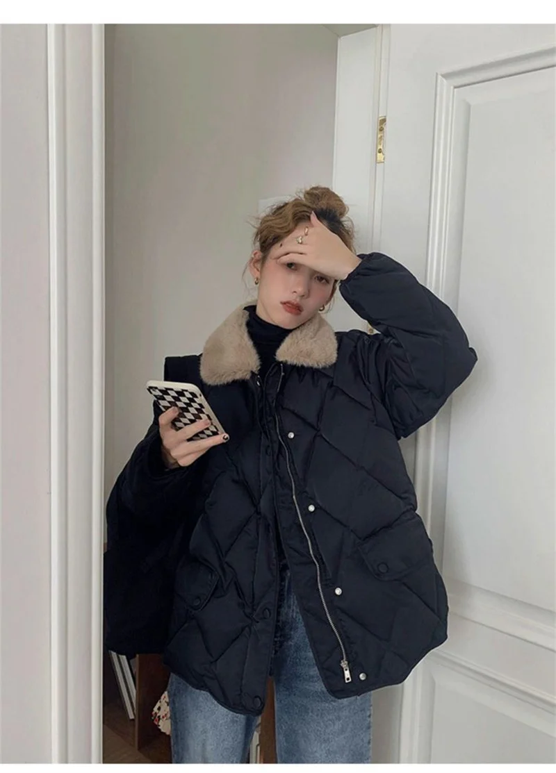 Women 2025 Autumn Winter Spliced Fur Collar Warm Padded Cotton Jacket Coat Female Mid-Length Coat Loose Rhombus Bread Clothes