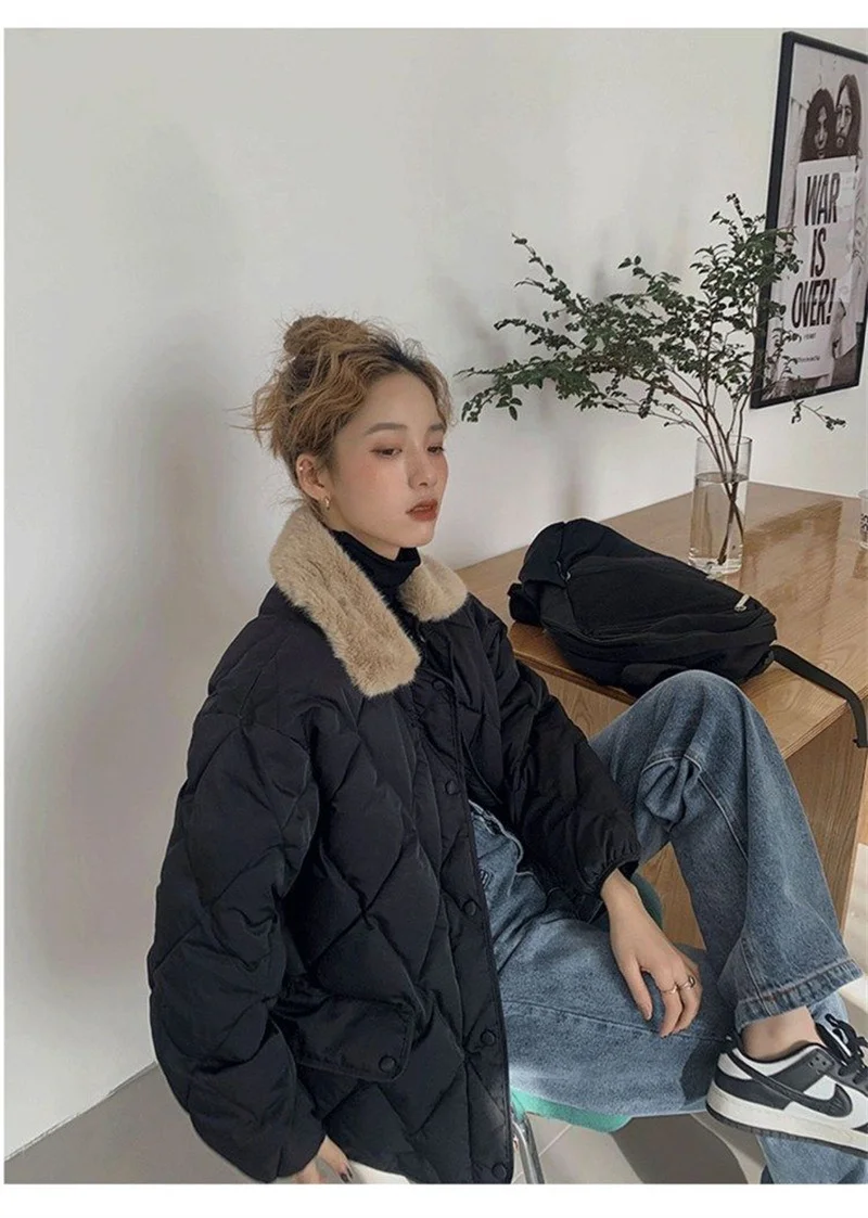 Women 2025 Autumn Winter Spliced Fur Collar Warm Padded Cotton Jacket Coat Female Mid-Length Coat Loose Rhombus Bread Clothes