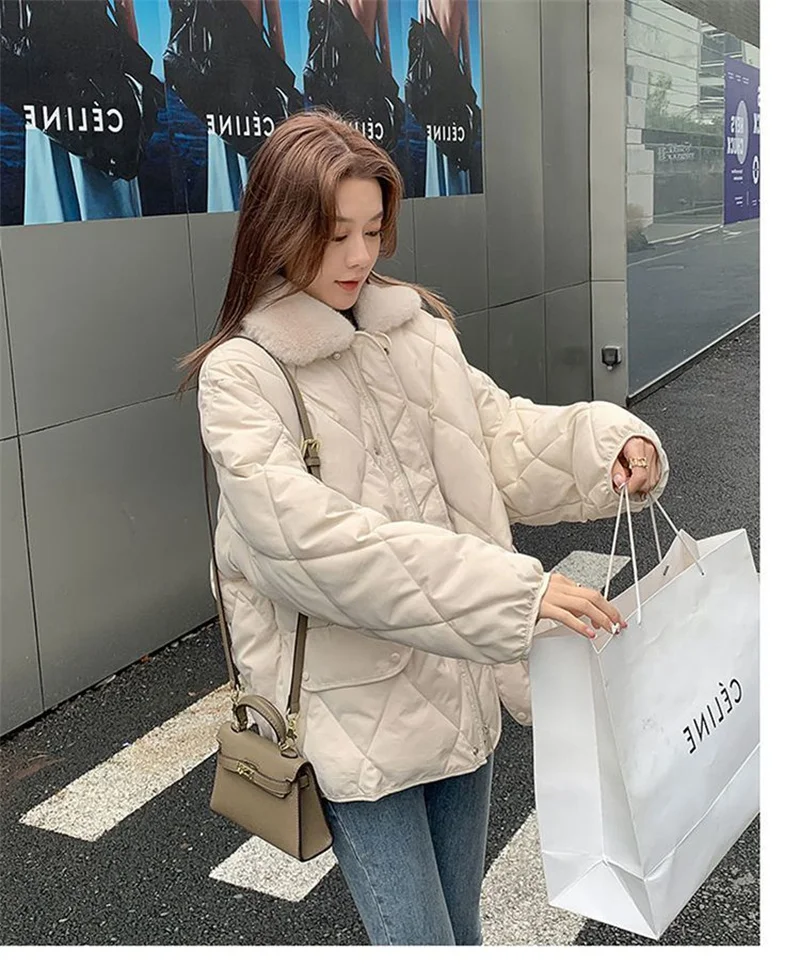 Women 2025 Autumn Winter Spliced Fur Collar Warm Padded Cotton Jacket Coat Female Mid-Length Coat Loose Rhombus Bread Clothes