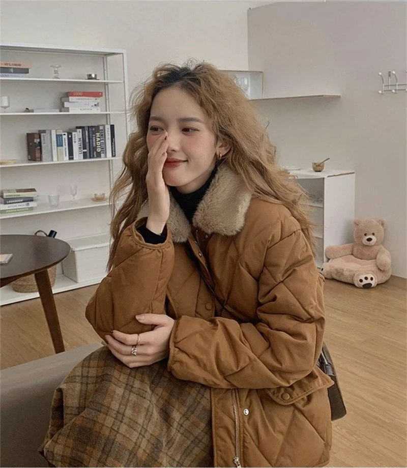 Women 2025 Autumn Winter Spliced Fur Collar Warm Padded Cotton Jacket Coat Female Mid-Length Coat Loose Rhombus Bread Clothes