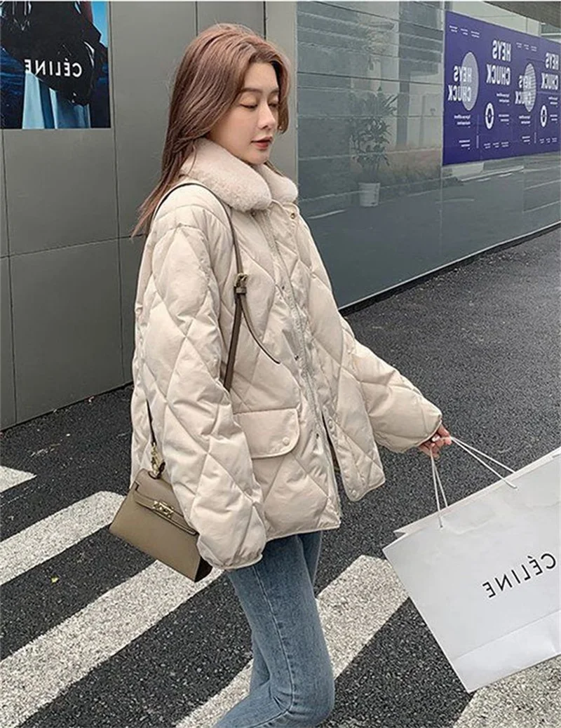 Women 2025 Autumn Winter Spliced Fur Collar Warm Padded Cotton Jacket Coat Female Mid-Length Coat Loose Rhombus Bread Clothes