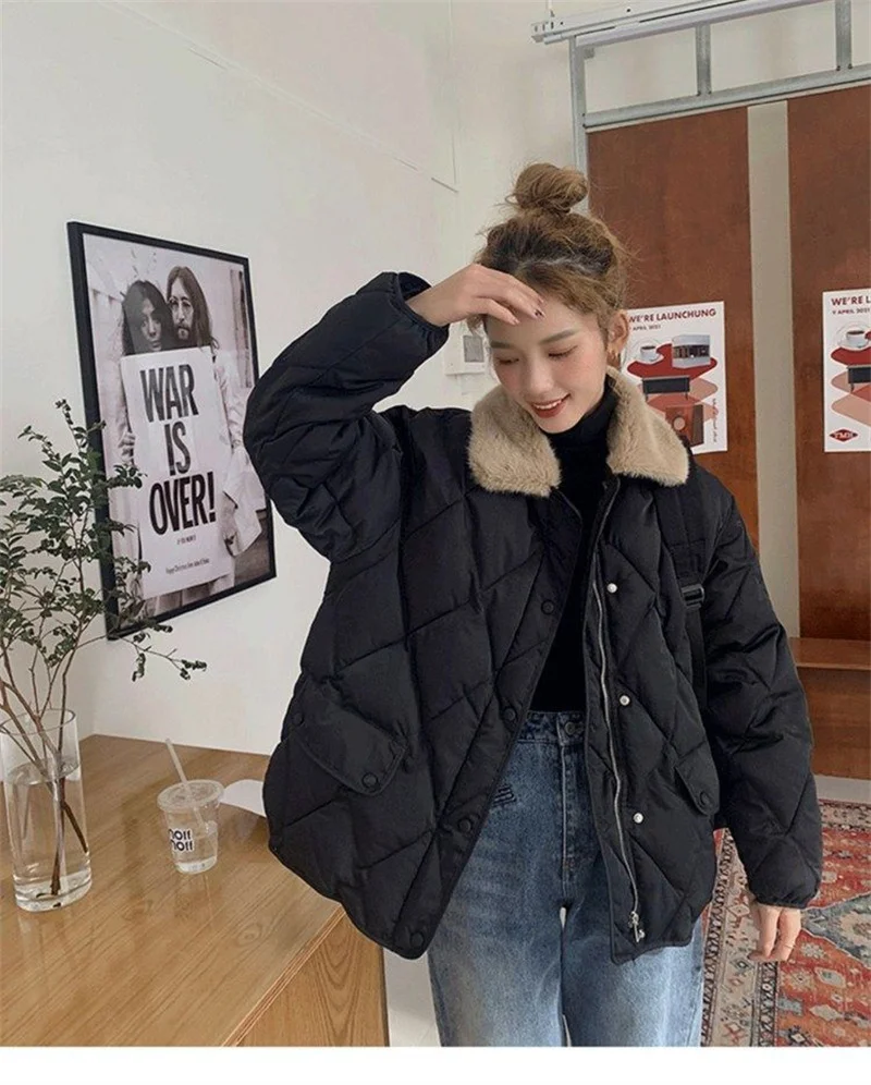 Women 2025 Autumn Winter Spliced Fur Collar Warm Padded Cotton Jacket Coat Female Mid-Length Coat Loose Rhombus Bread Clothes
