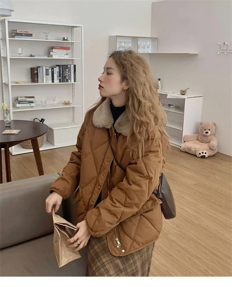Women 2025 Autumn Winter Spliced Fur Collar Warm Padded Cotton Jacket Coat Female Mid-Length Coat Loose Rhombus Bread Clothes