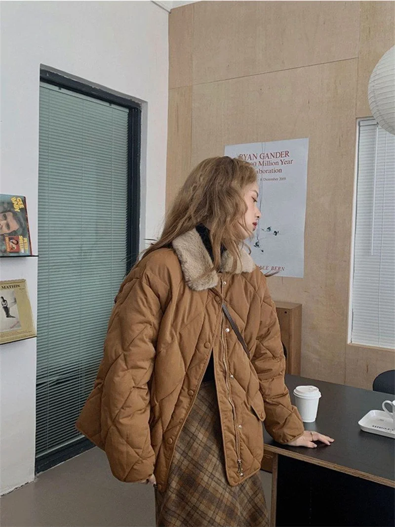 Women 2025 Autumn Winter Spliced Fur Collar Warm Padded Cotton Jacket Coat Female Mid-Length Coat Loose Rhombus Bread Clothes