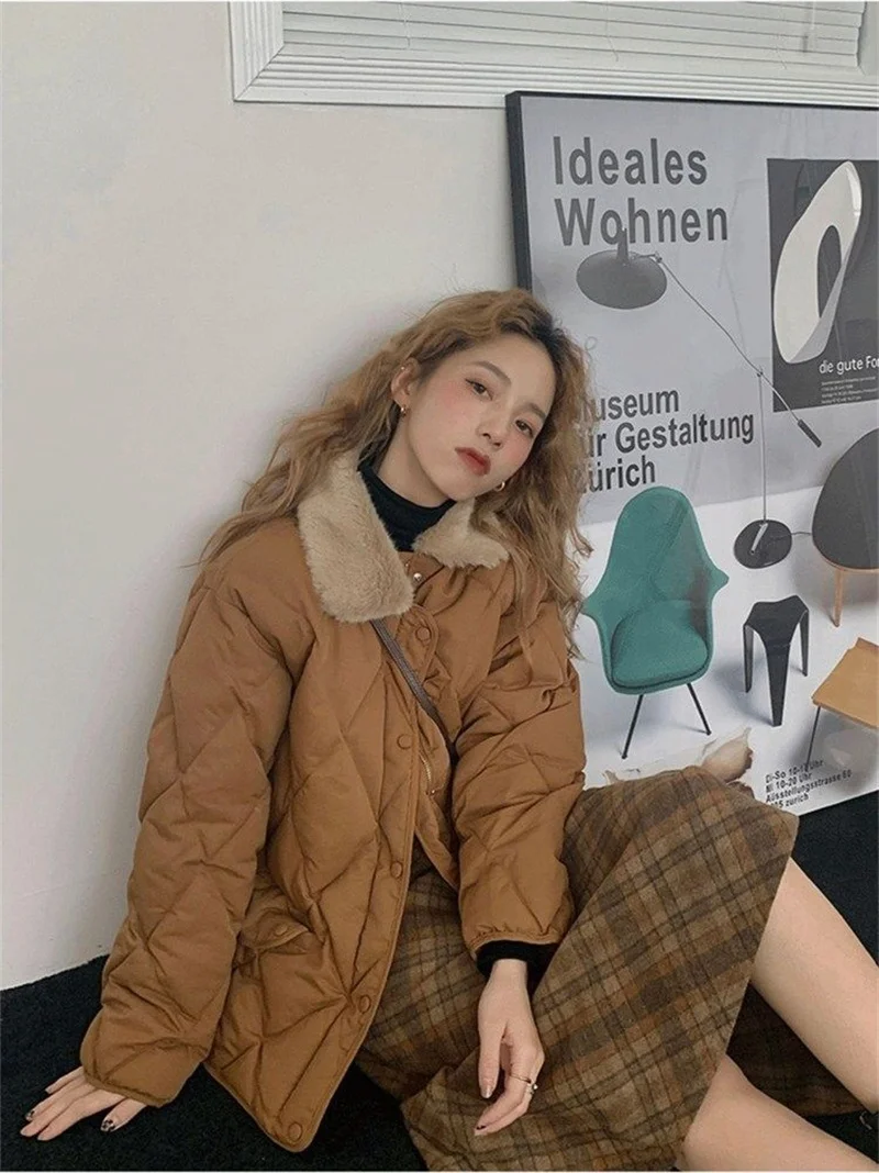 Women 2025 Autumn Winter Spliced Fur Collar Warm Padded Cotton Jacket Coat Female Mid-Length Coat Loose Rhombus Bread Clothes