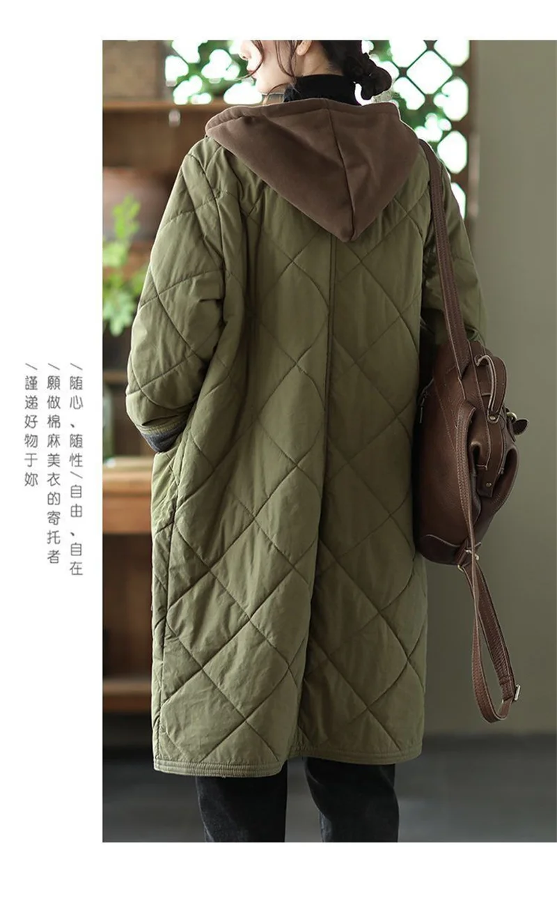 Winter New Literature and Art Large Lingge Hooded Cotton Jacket Women's Loose Relaxed Medium length Cotton Jacket Female Parka