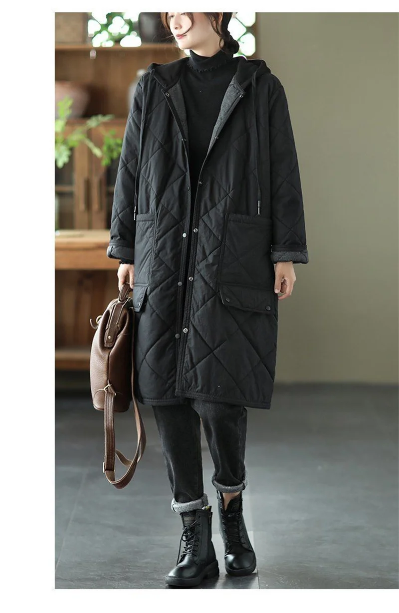Winter New Literature and Art Large Lingge Hooded Cotton Jacket Women's Loose Relaxed Medium length Cotton Jacket Female Parka