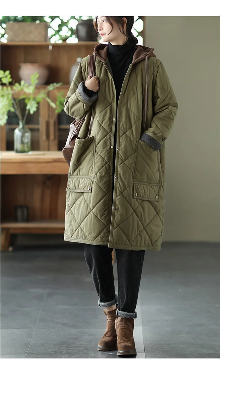 Winter New Literature and Art Large Lingge Hooded Cotton Jacket Women's Loose Relaxed Medium length Cotton Jacket Female Parka