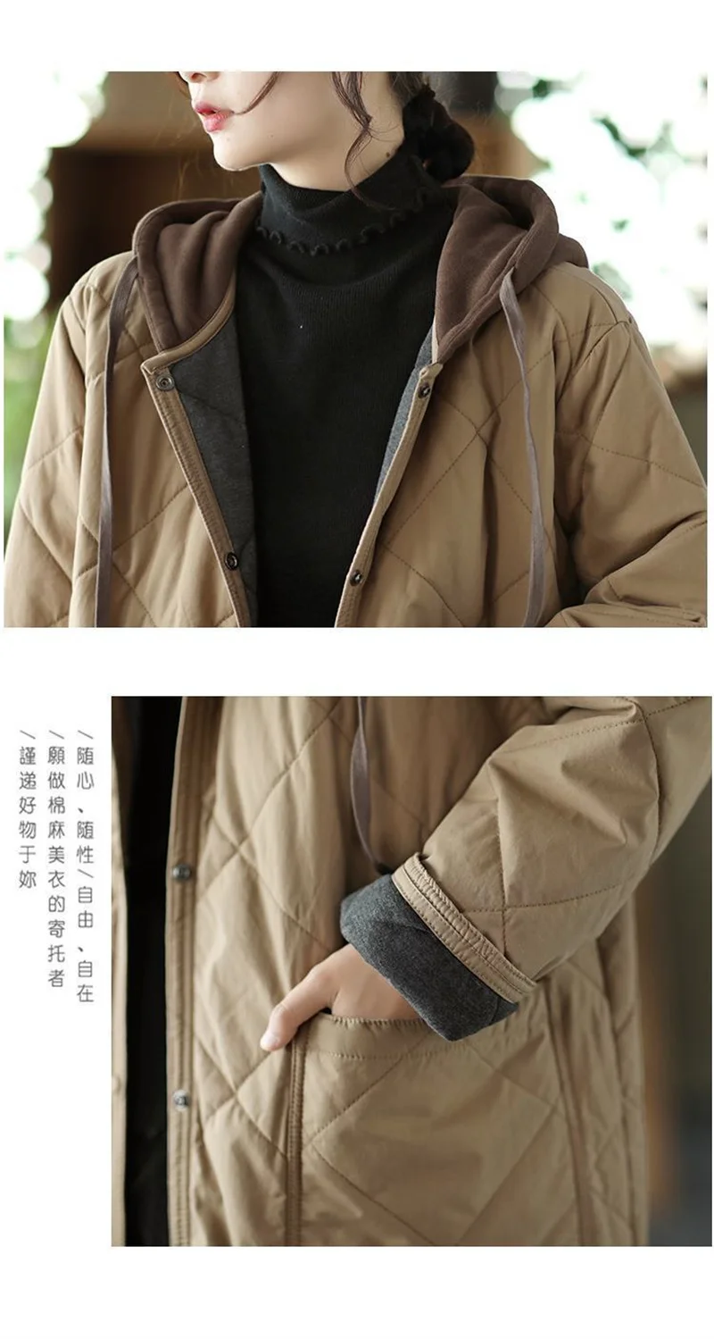 Winter New Literature and Art Large Lingge Hooded Cotton Jacket Women's Loose Relaxed Medium length Cotton Jacket Female Parka