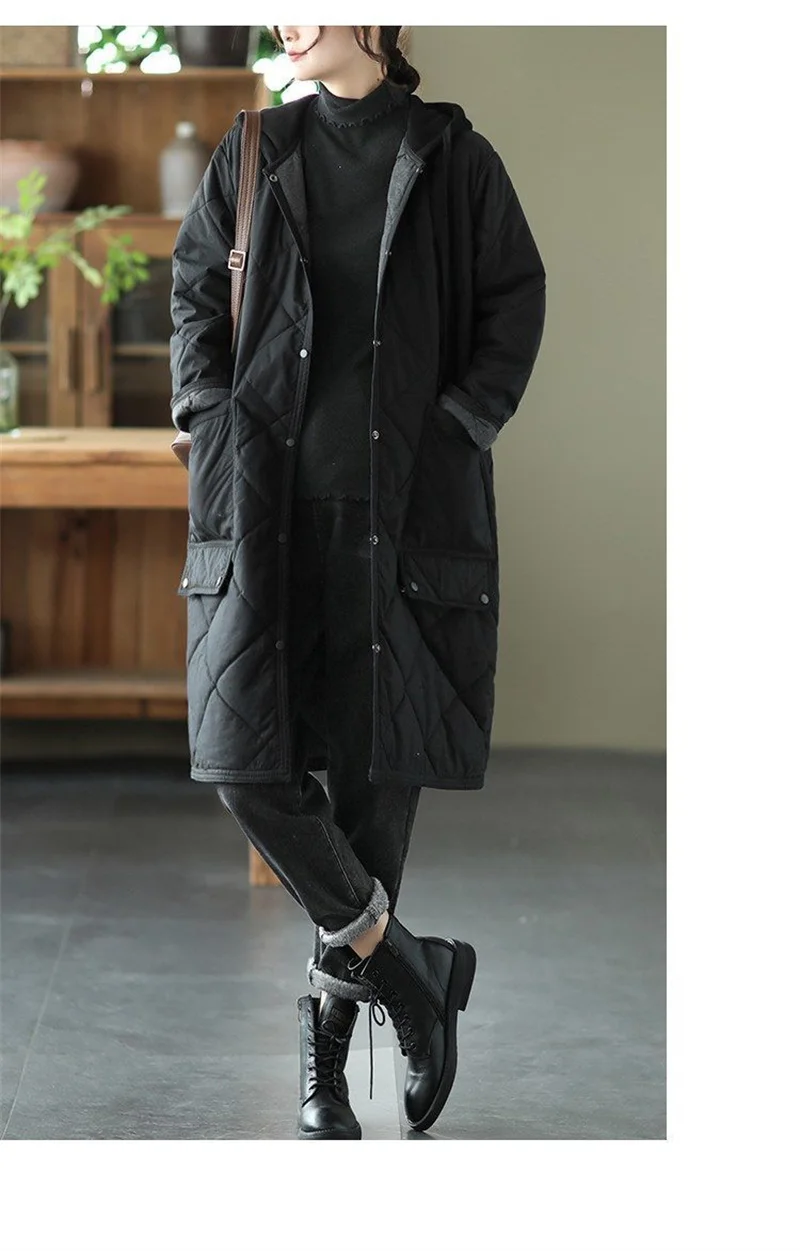 Winter New Literature and Art Large Lingge Hooded Cotton Jacket Women's Loose Relaxed Medium length Cotton Jacket Female Parka