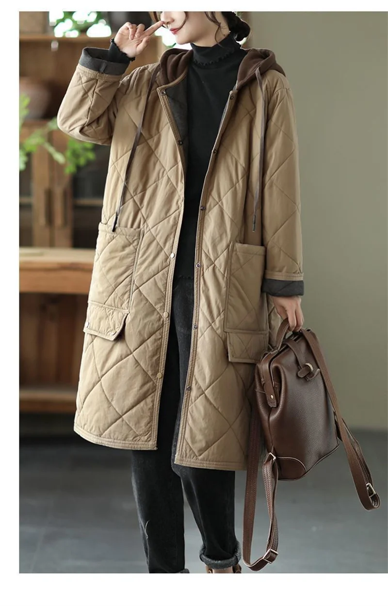 Winter New Literature and Art Large Lingge Hooded Cotton Jacket Women's Loose Relaxed Medium length Cotton Jacket Female Parka