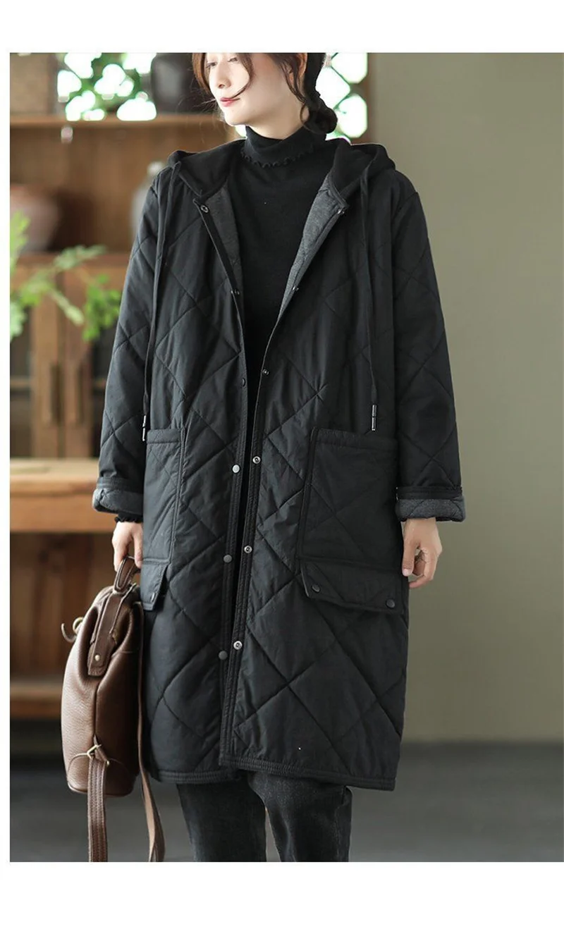 Winter New Literature and Art Large Lingge Hooded Cotton Jacket Women's Loose Relaxed Medium length Cotton Jacket Female Parka