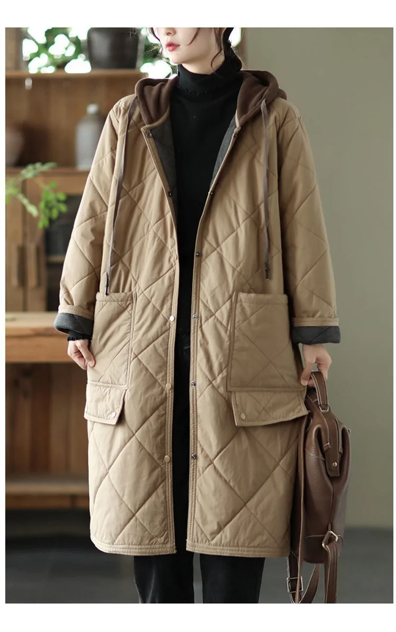 Winter New Literature and Art Large Lingge Hooded Cotton Jacket Women's Loose Relaxed Medium length Cotton Jacket Female Parka