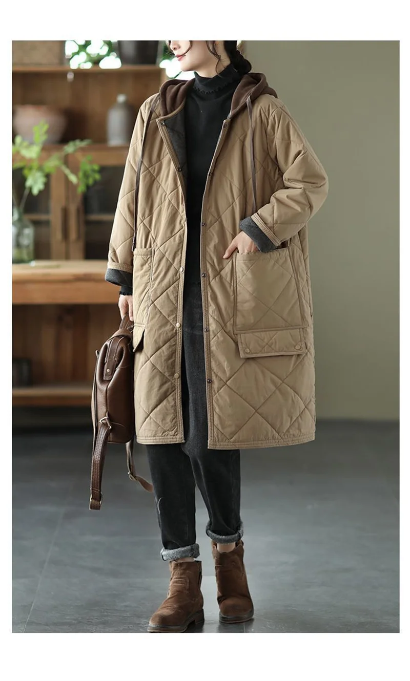 Winter New Literature and Art Large Lingge Hooded Cotton Jacket Women's Loose Relaxed Medium length Cotton Jacket Female Parka