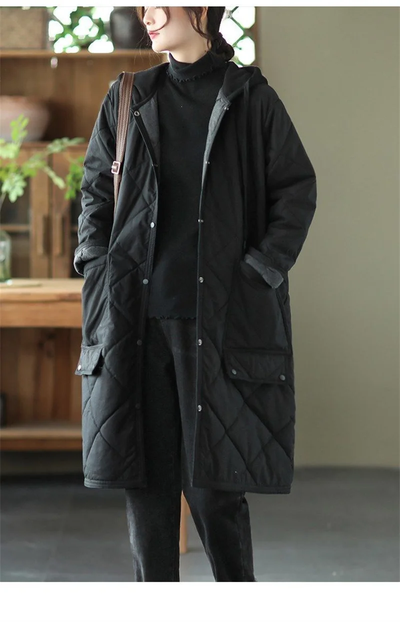 Winter New Literature and Art Large Lingge Hooded Cotton Jacket Women's Loose Relaxed Medium length Cotton Jacket Female Parka