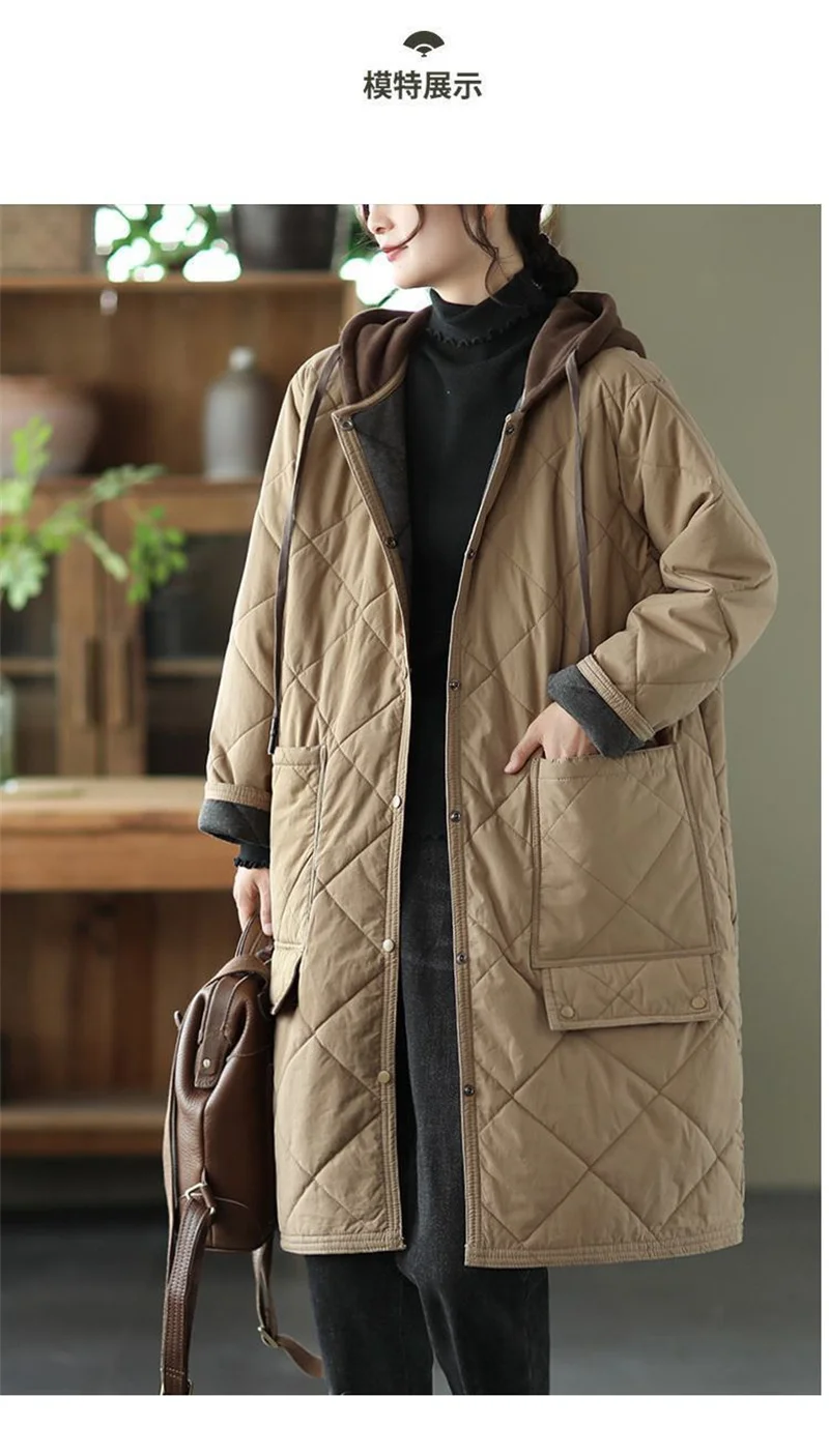 Winter New Literature and Art Large Lingge Hooded Cotton Jacket Women's Loose Relaxed Medium length Cotton Jacket Female Parka