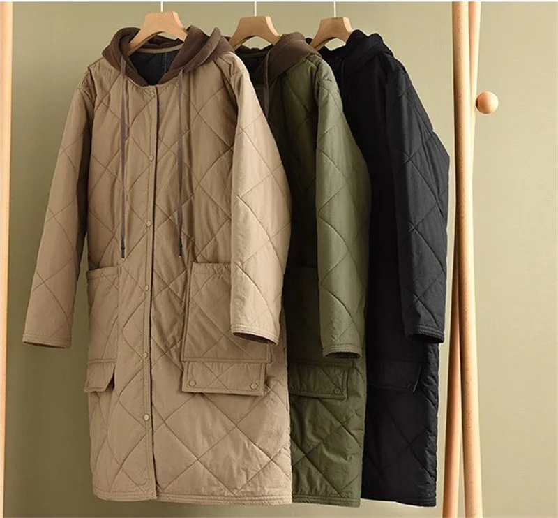 Winter New Literature and Art Large Lingge Hooded Cotton Jacket Women's Loose Relaxed Medium length Cotton Jacket Female Parka