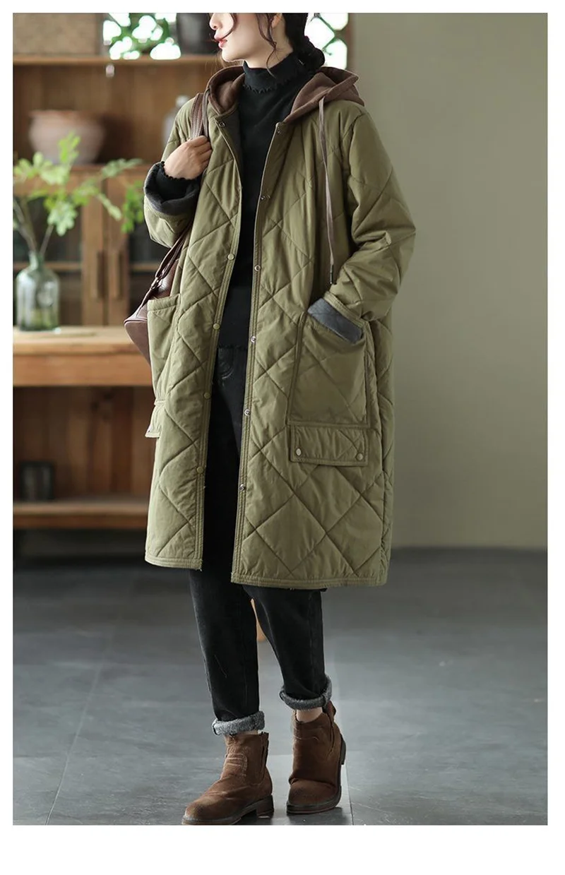 Winter New Literature and Art Large Lingge Hooded Cotton Jacket Women's Loose Relaxed Medium length Cotton Jacket Female Parka