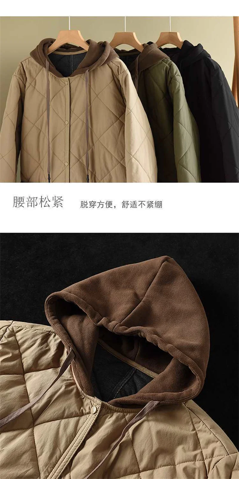 Winter New Literature and Art Large Lingge Hooded Cotton Jacket Women's Loose Relaxed Medium length Cotton Jacket Female Parka