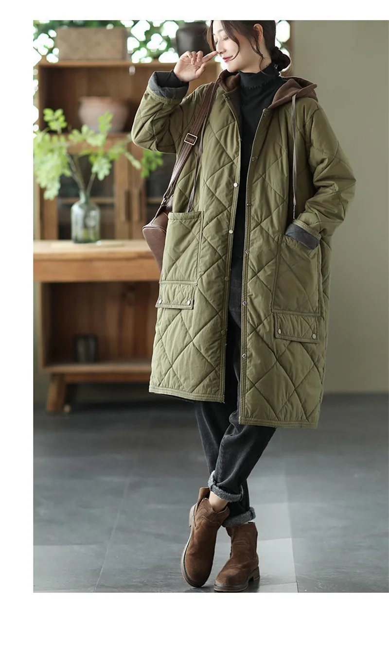Winter New Literature and Art Large Lingge Hooded Cotton Jacket Women's Loose Relaxed Medium length Cotton Jacket Female Parka