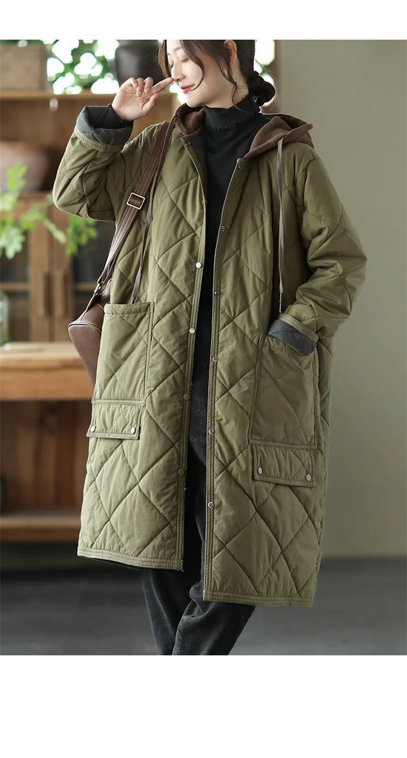 Winter New Literature and Art Large Lingge Hooded Cotton Jacket Women's Loose Relaxed Medium length Cotton Jacket Female Parka