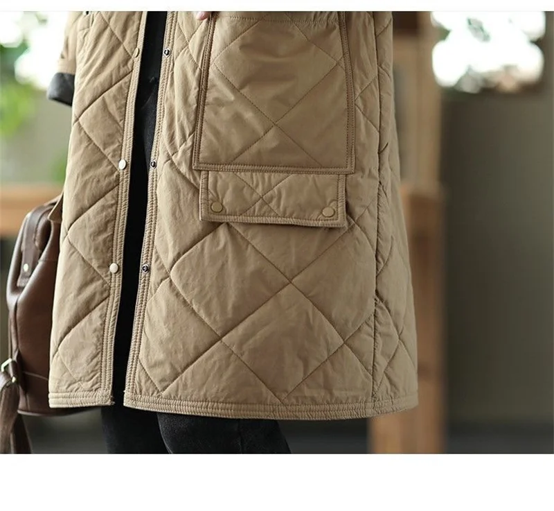 Winter New Literature and Art Large Lingge Hooded Cotton Jacket Women's Loose Relaxed Medium length Cotton Jacket Female Parka